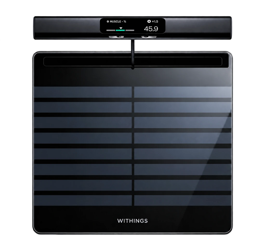 Withings BodyScan 2 mit Glasplattform und Display im Griff