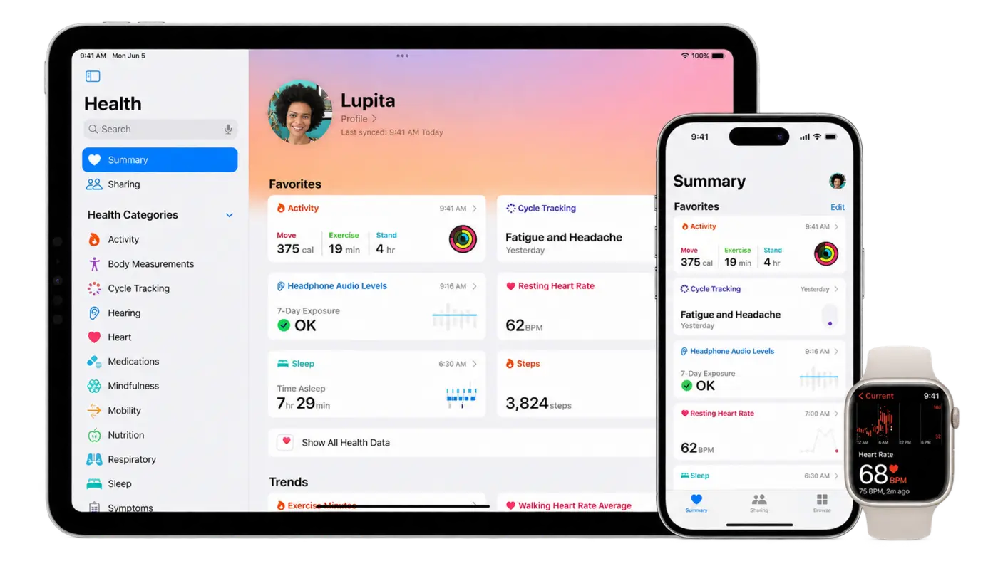 Beispiel einer Apple-Health-Übersicht auf iPad und iPhone mit Apple Watch